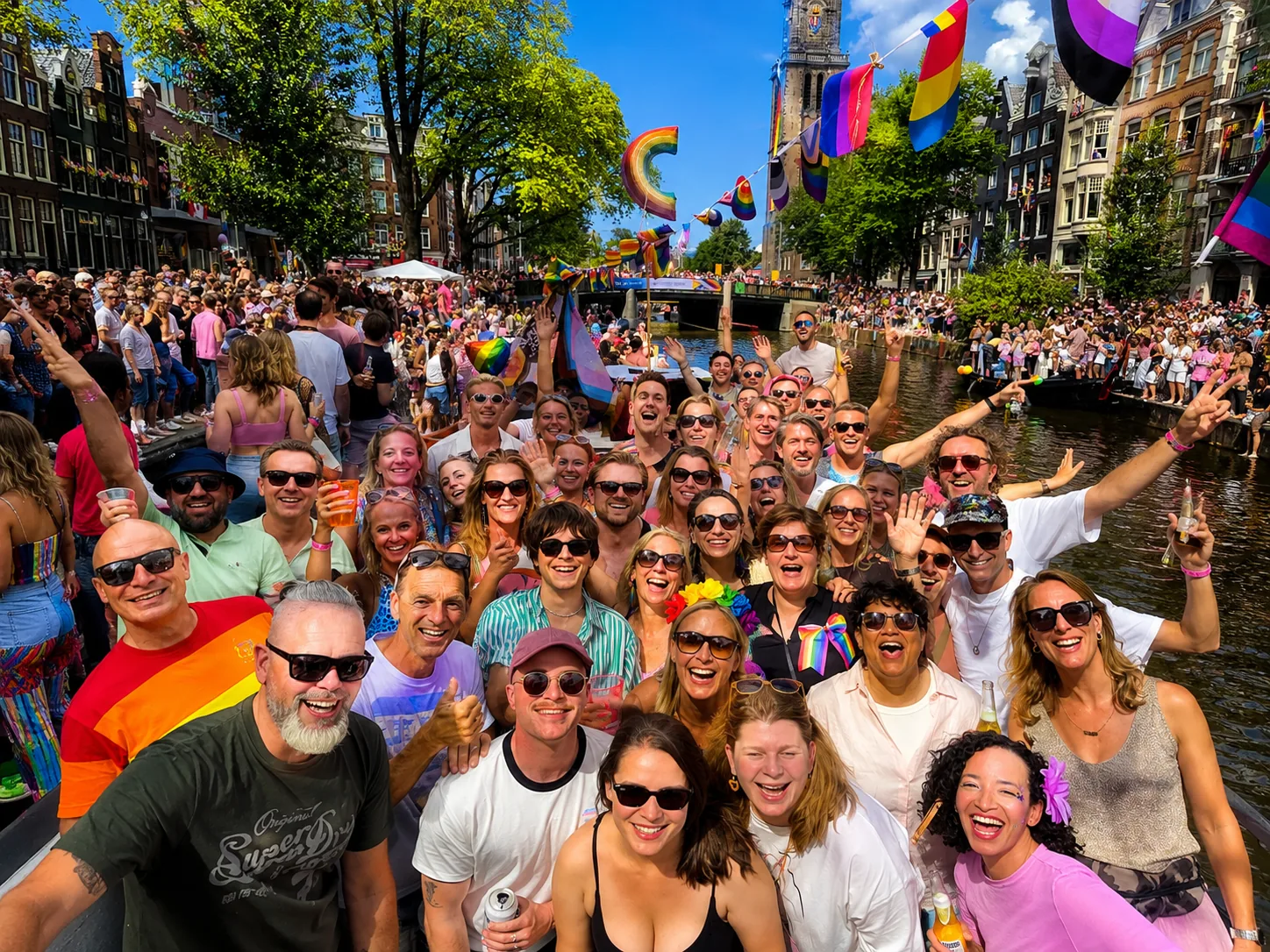 A colourful Pride boat party on an Amsterdam canal